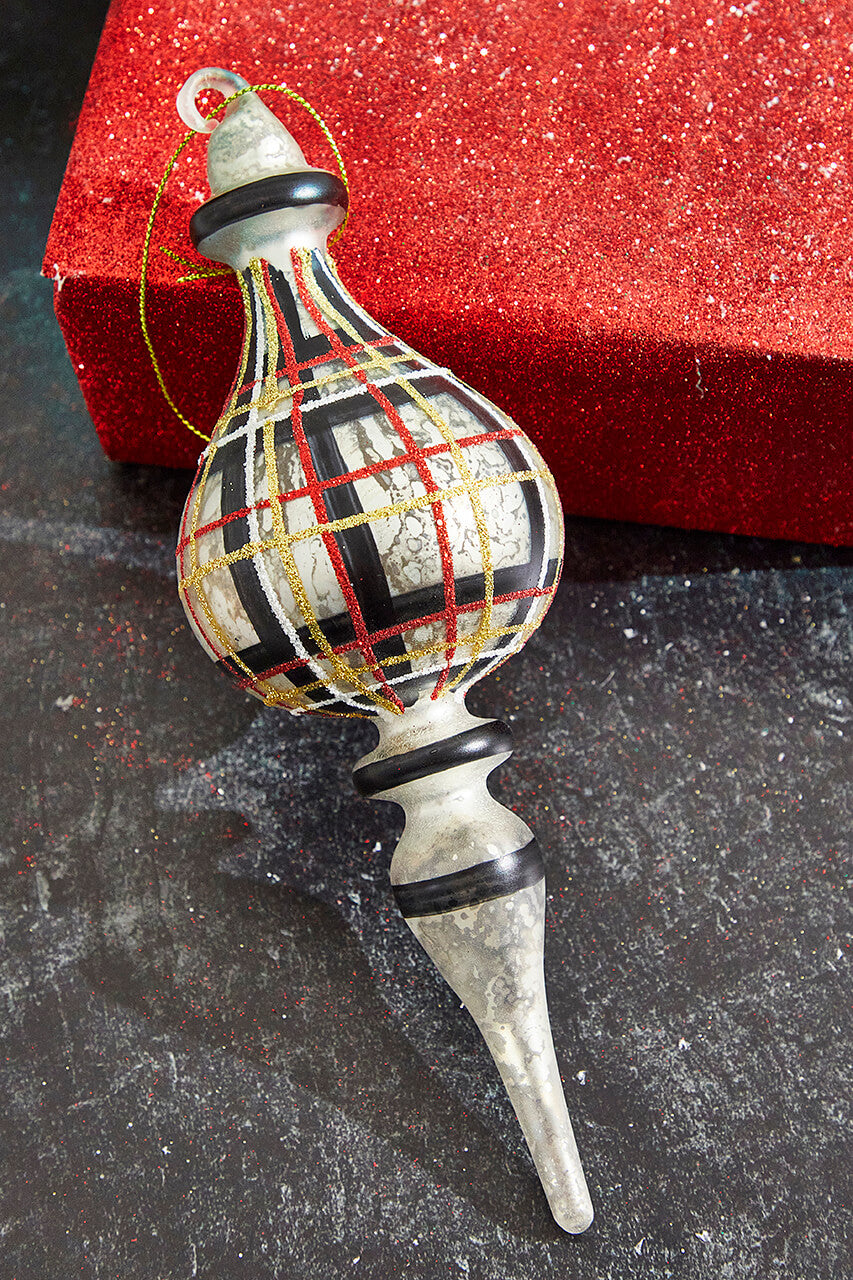 9" Holiday Plaid Finial Glass Ornament