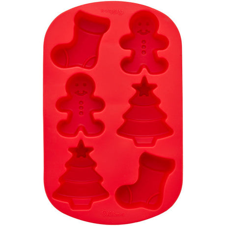 Wilton Christmas Stocking, Tree and Gingerbread Boy Silicone Baking and Candy Mold, 6-Cavity