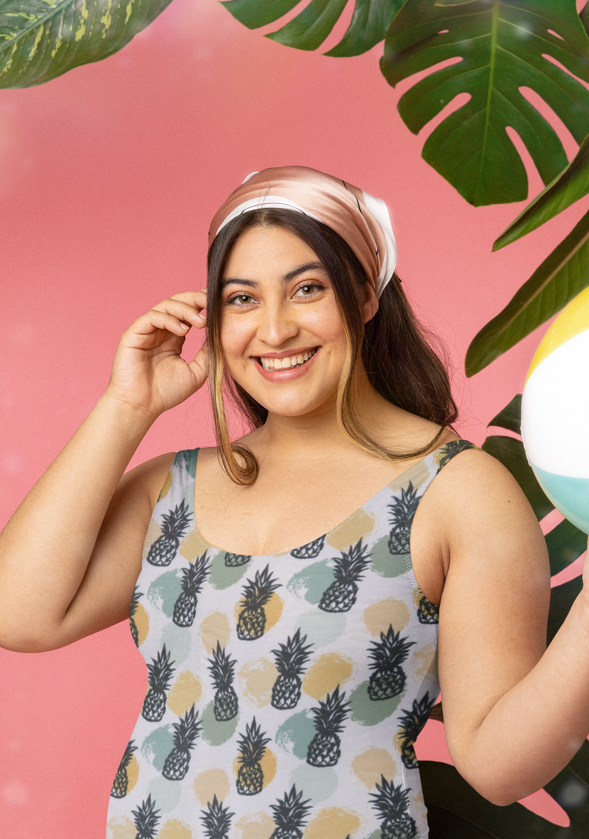 Swim Knit Pineapples and Dots on White Poly Spandex