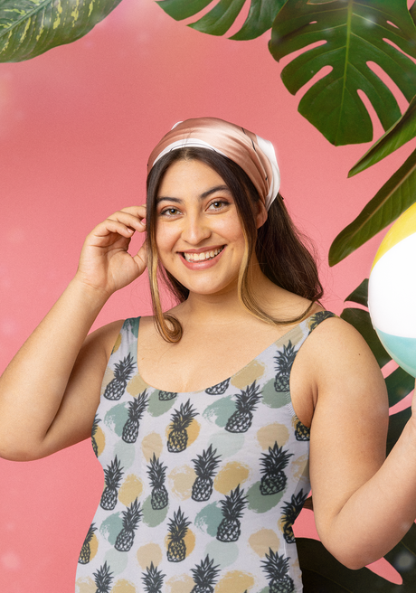 Swim Knit Pineapples and Dots on White Poly Spandex