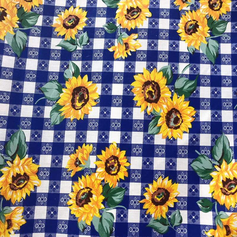 Sunflower Checkered Royal Polyester Cotton Fabric - Blue Checkered Sunflower Print, 59/60" Width (1 Yard)