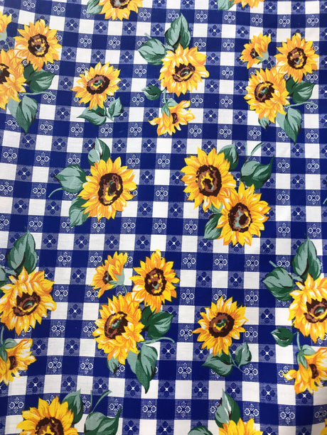 Sunflower Checkered Royal Polyester Cotton Fabric - Blue Checkered Sunflower Print, 59/60" Width (1 Yard)