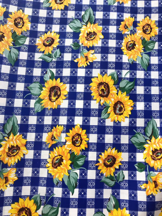 Sunflower Checkered Royal Polyester Cotton Fabric - Blue Checkered Sunflower Print, 59/60" Width (1 Yard)