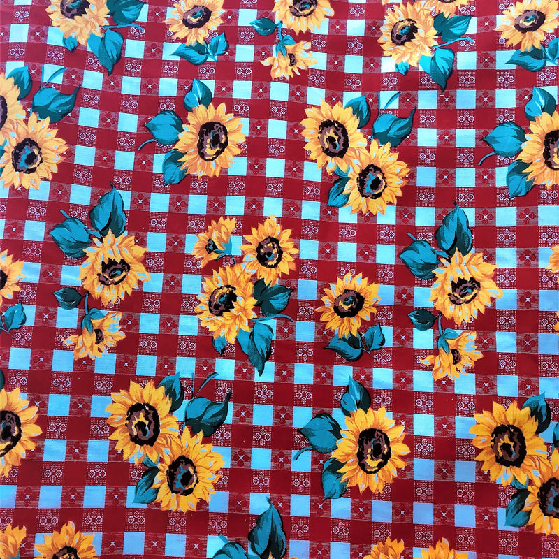 Sunflower Checkered Red Polyester Cotton Fabric - Red Checkered Floral Print, 59/60" Width (1 Yard)