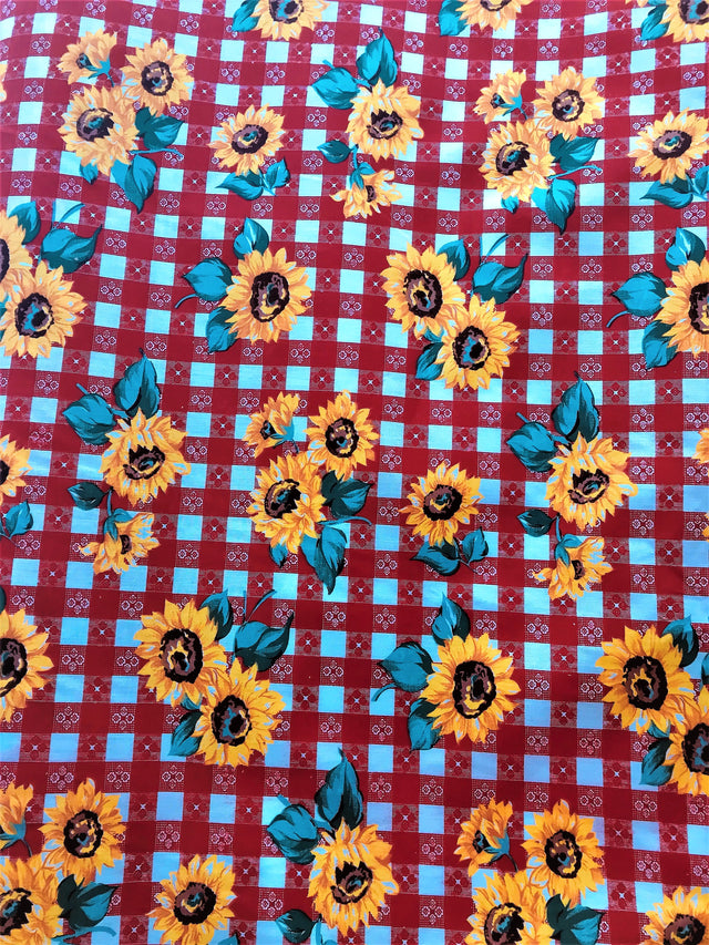 Sunflower Checkered Red Polyester Cotton Fabric - Red Checkered Floral Print, 59/60" Width (1 Yard)