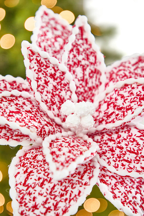 24" Red & White Sweater Patterned Poinsettia Stem
