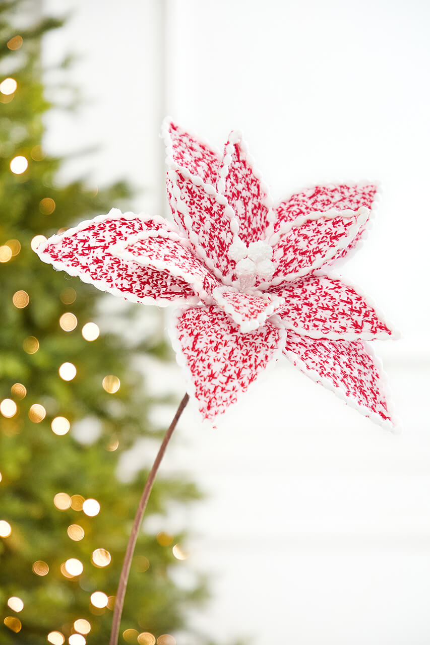 24" Red & White Sweater Patterned Poinsettia Stem
