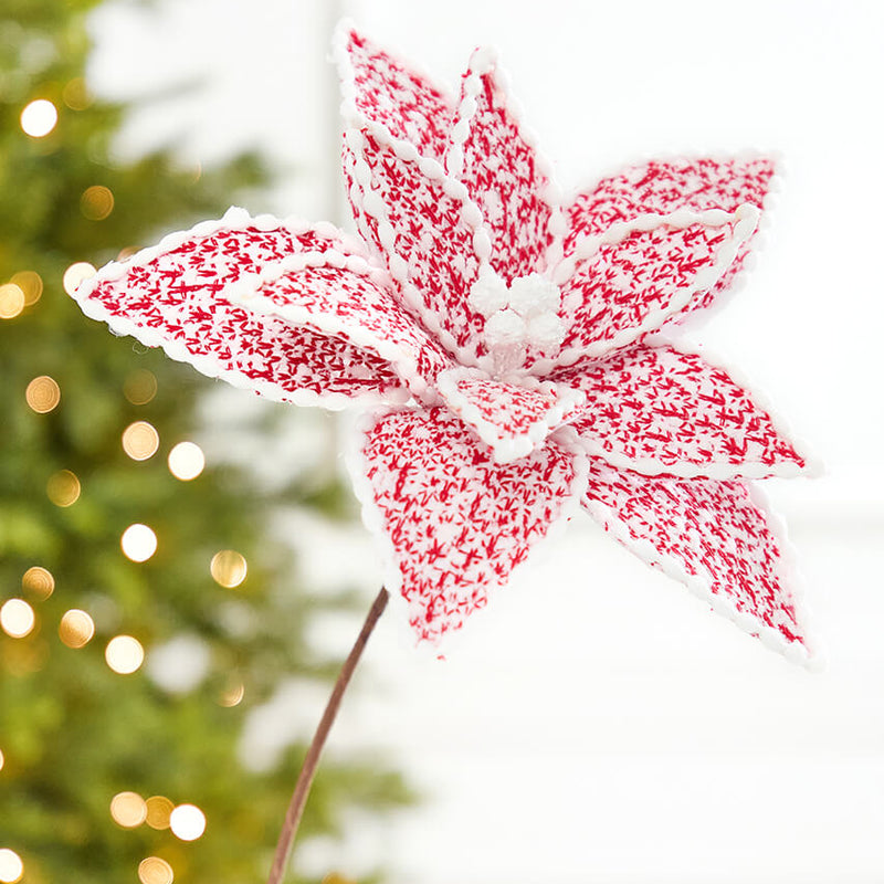 24" Red & White Sweater Patterned Poinsettia Stem