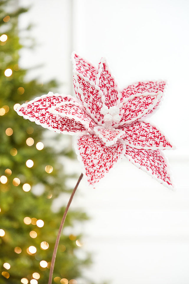 24" Red & White Sweater Patterned Poinsettia Stem