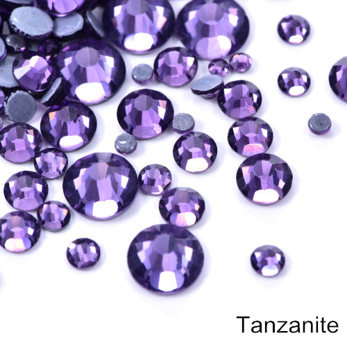 Small Bag Glue On Rhinestones Acrylic Fabric - Tanzanite Flat Back, 2MM To 6MM Sizes (1 Bag)