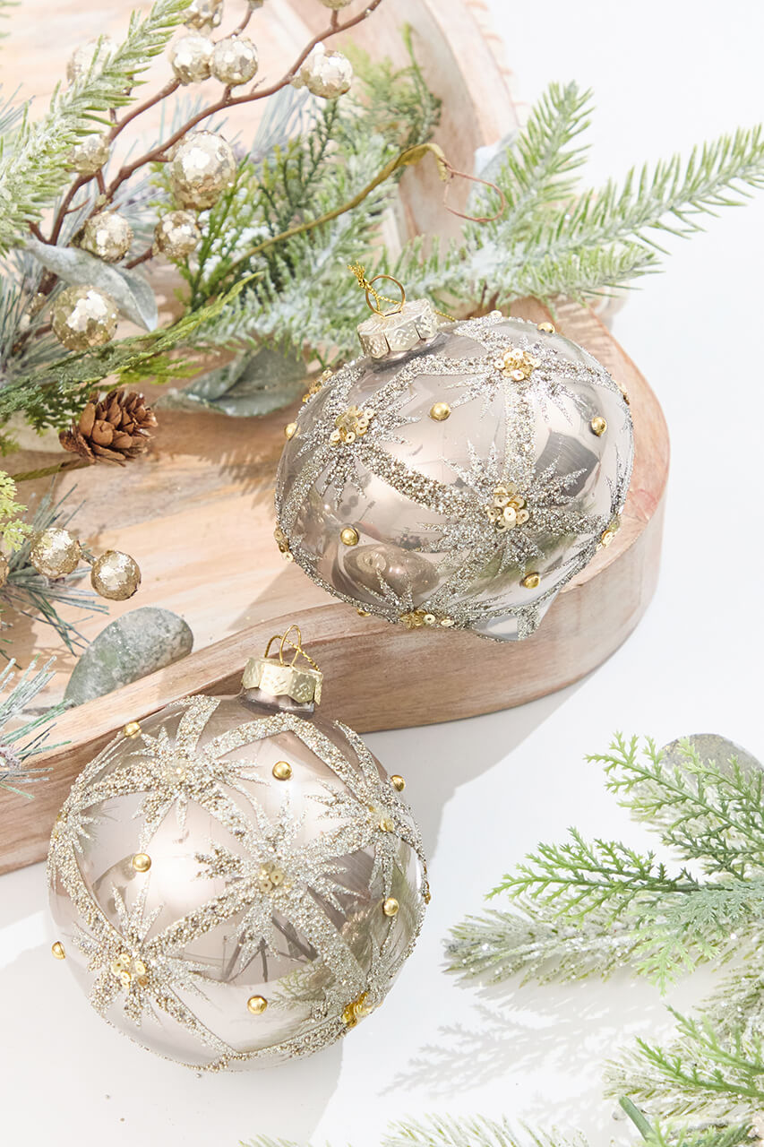 4" Metallic Taupe & Glitter Glass Ornament
