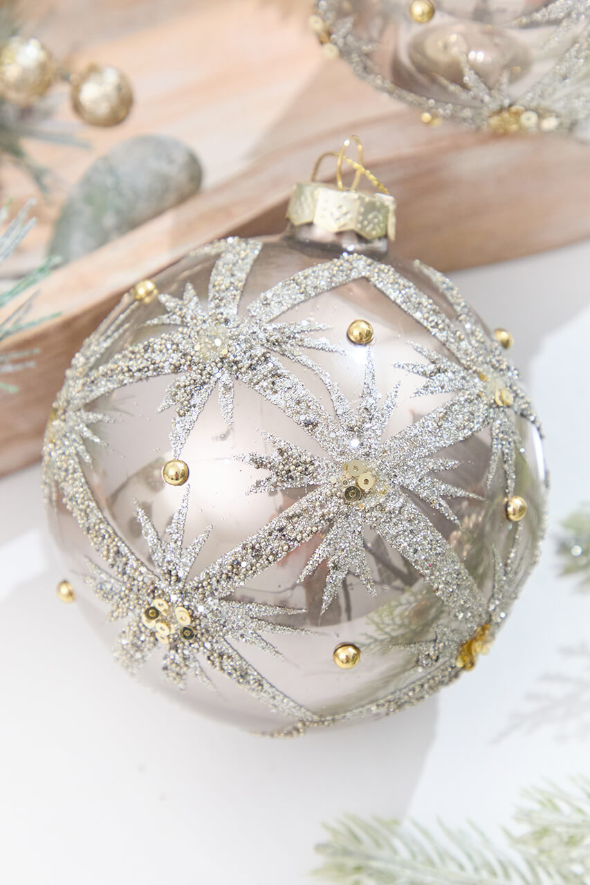 4" Metallic Taupe & Glitter Glass Ornament