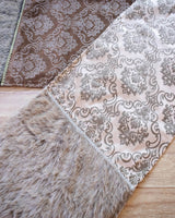Taupe Printed Velvet Fur Trim Table Runner Elegant 15x72 Inch Luxury Dining Decor