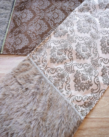 Taupe Printed Velvet with Fur Trim Table Runner (15"x72")