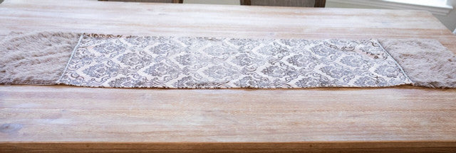 Taupe Printed Velvet Fur Trim Table Runner Elegant 15x72 Inch Luxury Dining Decor
