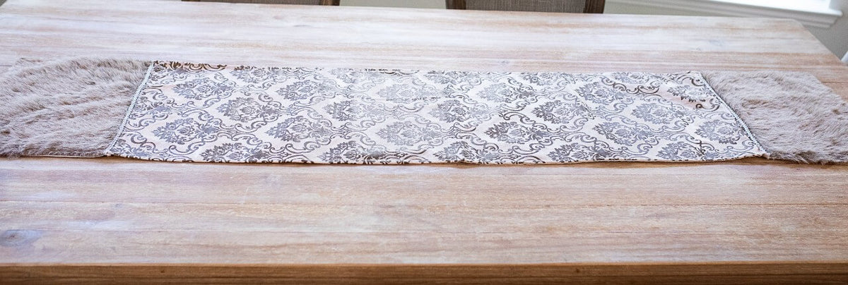 Taupe Printed Velvet with Fur Trim Table Runner (15"x72")