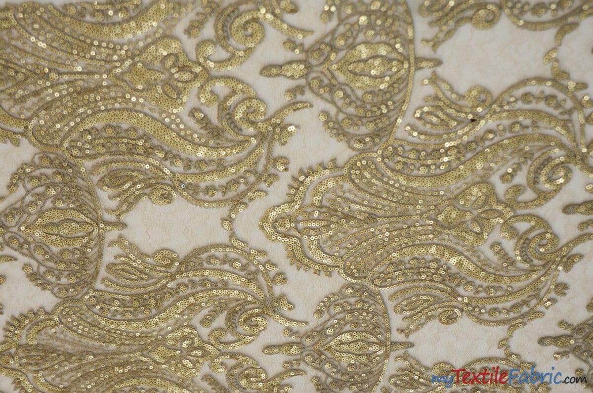 Medallion Bridal Lace Polyester Fabric - Sequins Damask Embroidery, Sheer White, 52" Width (1 Yard)