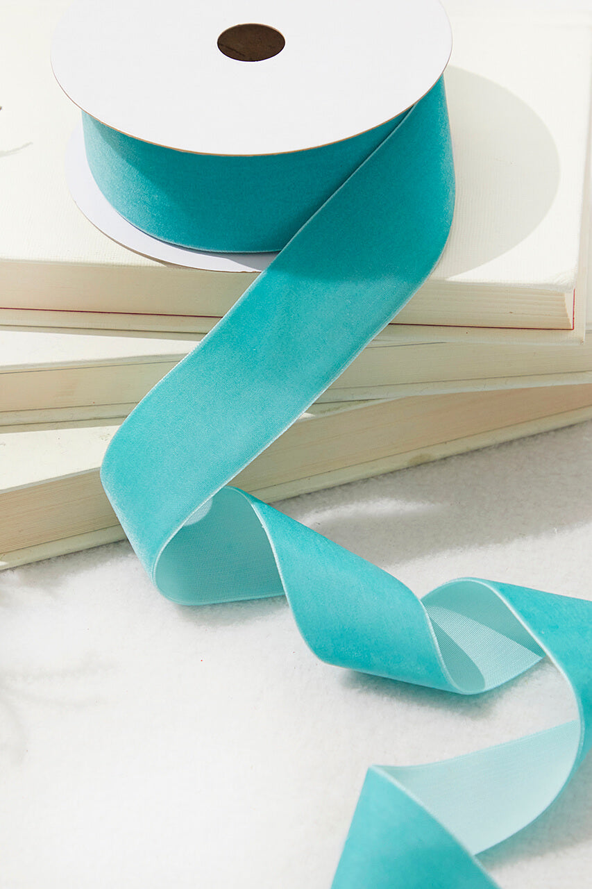 1.5" x 10 Yard Green Teal Unwired Velvet Ribbon
