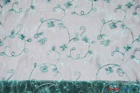 Dahlia Organza Embroidery Polyester Fabric - Embroidered Floral Sheer With Sequins Embellishment, 54" Width (1 Yard)