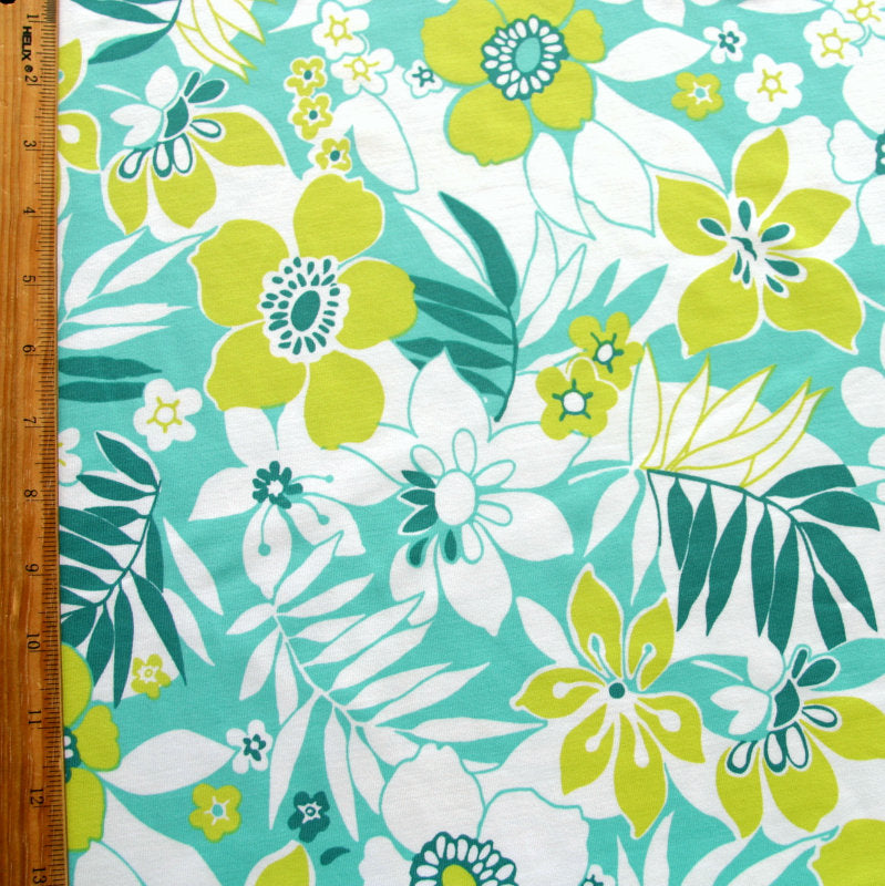 Swim Knit Nylon Lycra Floral Teal Mint Chartreuse