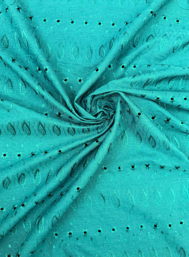 Teal Green Medium Eyelet Polyester Cotton Fabric - Teal Green, Small Eyelets, 41"-42" Width