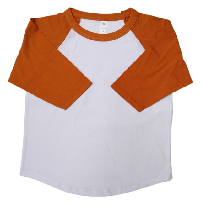 Lucky Friends Youth Raglan Cotton Fabric - Texas Orange, White Body, 3/4 Sleeve (1 Piece)