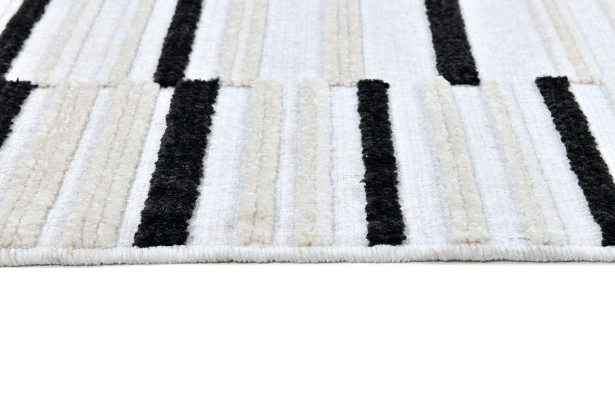 TIA 102 Microfiber Chenille Area Rug Fabric - Soft Cream, Black/Neutral Striped Bohemian Motif, High-Low 3D Detail (1 Rug)