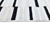 TIA 102 Microfiber Chenille Area Rug Fabric - Soft Cream, Black/Neutral Striped Bohemian Motif, High-Low 3D Detail (1 Rug)