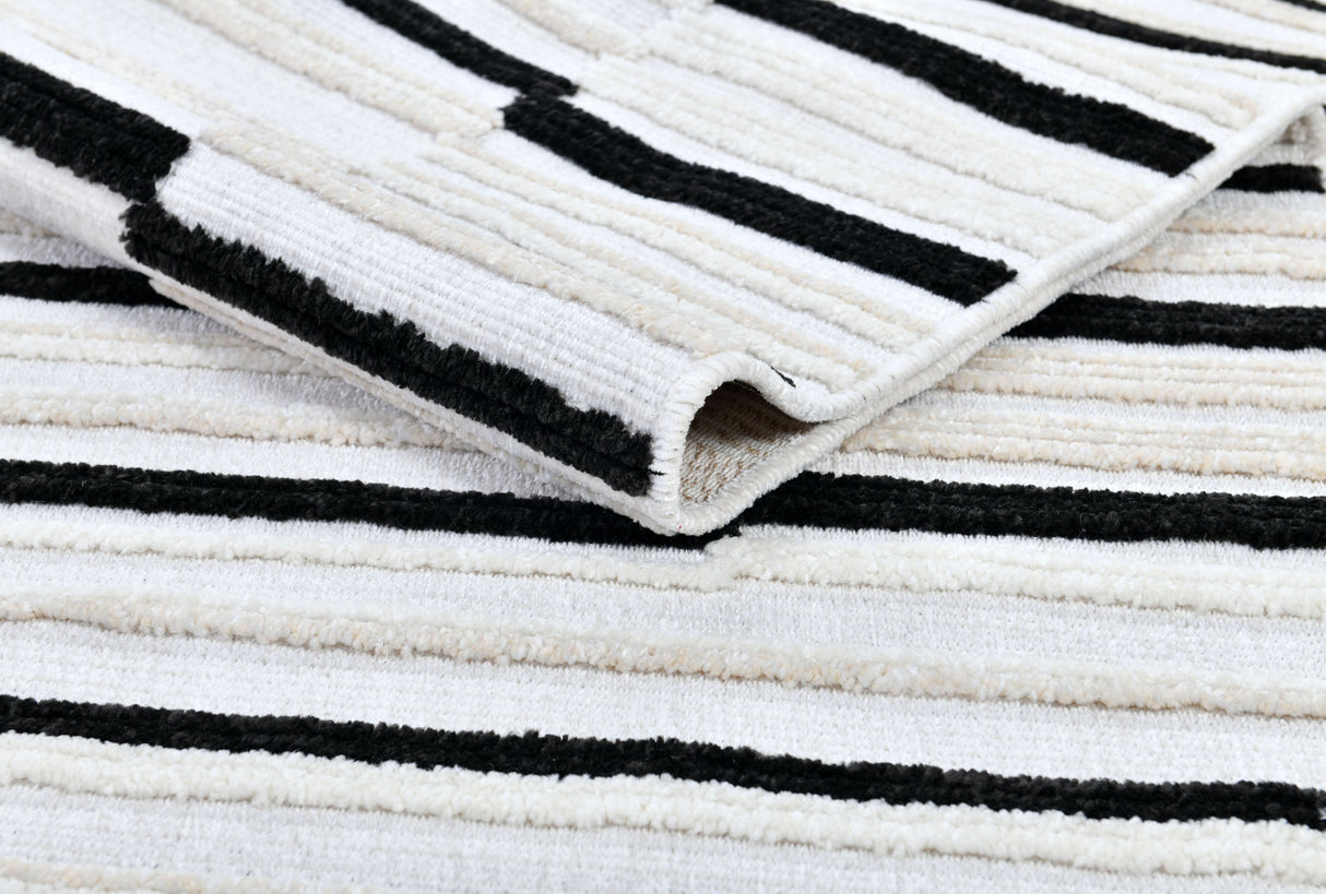 TIA 102 Microfiber Chenille Area Rug Fabric - Soft Cream, Black/Neutral Striped Bohemian Motif, High-Low 3D Detail (1 Rug)