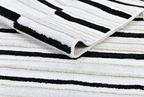TIA 102 Microfiber Chenille Area Rug Fabric - Soft Cream, Black/Neutral Striped Bohemian Motif, High-Low 3D Detail (1 Rug)