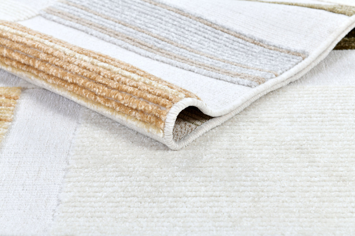 TIA 103 Microfiber Chenille Area Rug - Cream Boho High-Low Texture, Mustard Green Beige (5' 3" X 7' 6" / 1 Rug)