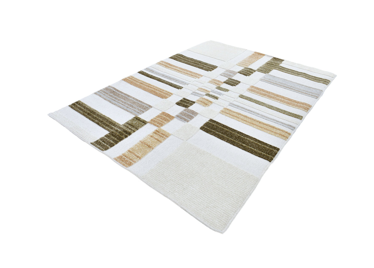 TIA 103 Microfiber Chenille Area Rug - Cream Boho High-Low Texture, Mustard Green Beige (5' 3" X 7' 6" / 1 Rug)