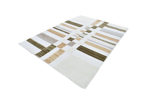 TIA 103 Microfiber Chenille Area Rug - Cream Boho High-Low Texture, Mustard Green Beige (5' 3" X 7' 6" / 1 Rug)