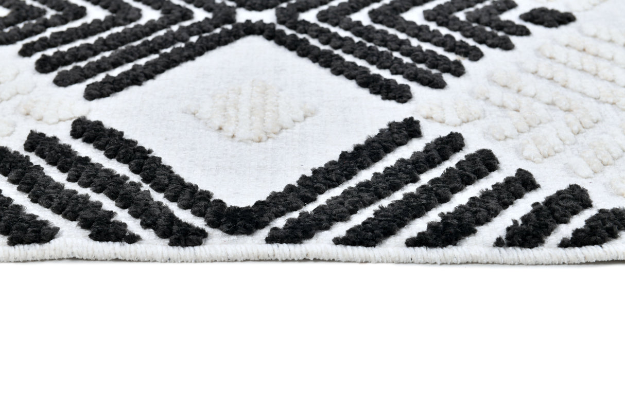TIA 107 Microfiber Chenille Area Rug - Soft Cream, Beige Tones, Bohemian Black & Brown High-Low Motif (Anthracite)