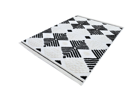 TIA 107 Microfiber Chenille Area Rug - Soft Cream, Beige Tones, Bohemian Black & Brown High-Low Motif (Anthracite)