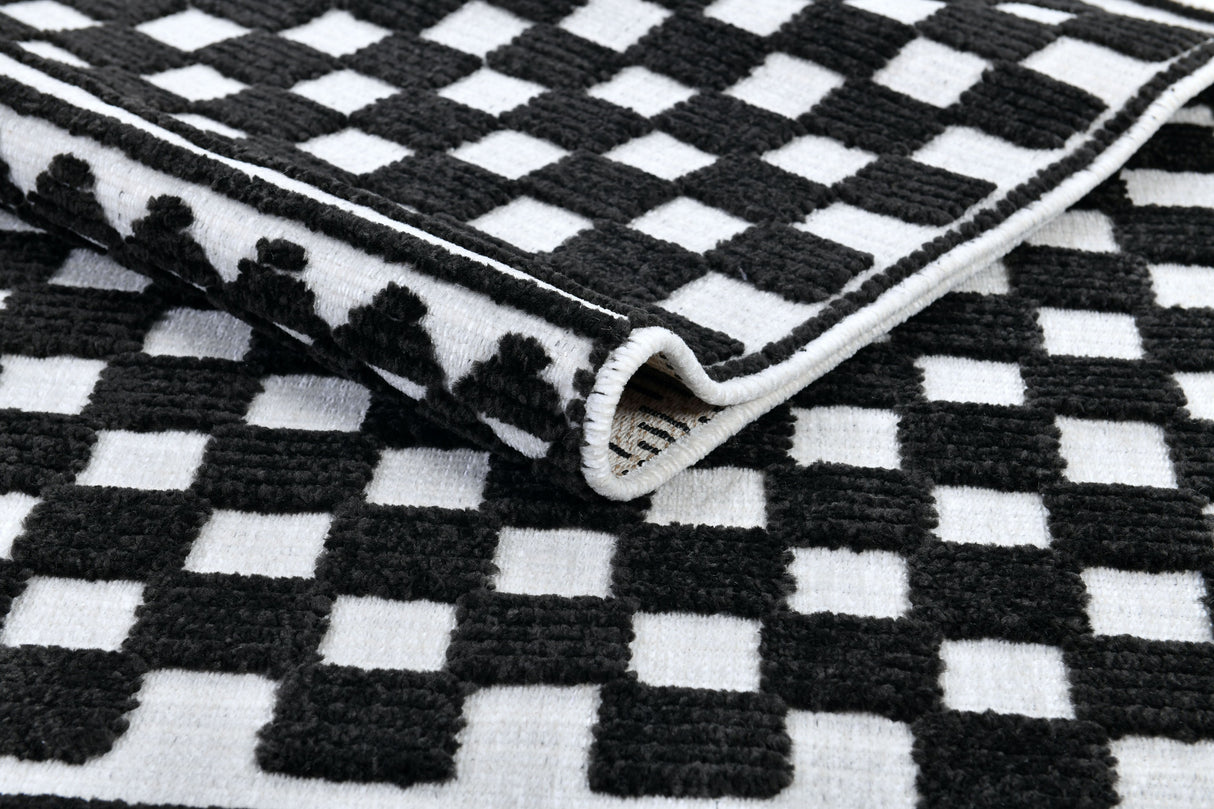 TIA 108 Microfiber Chenille Area Rug - Black Geometric Pattern, Raised High-Low Detail, Anthracite (3 Sizes)