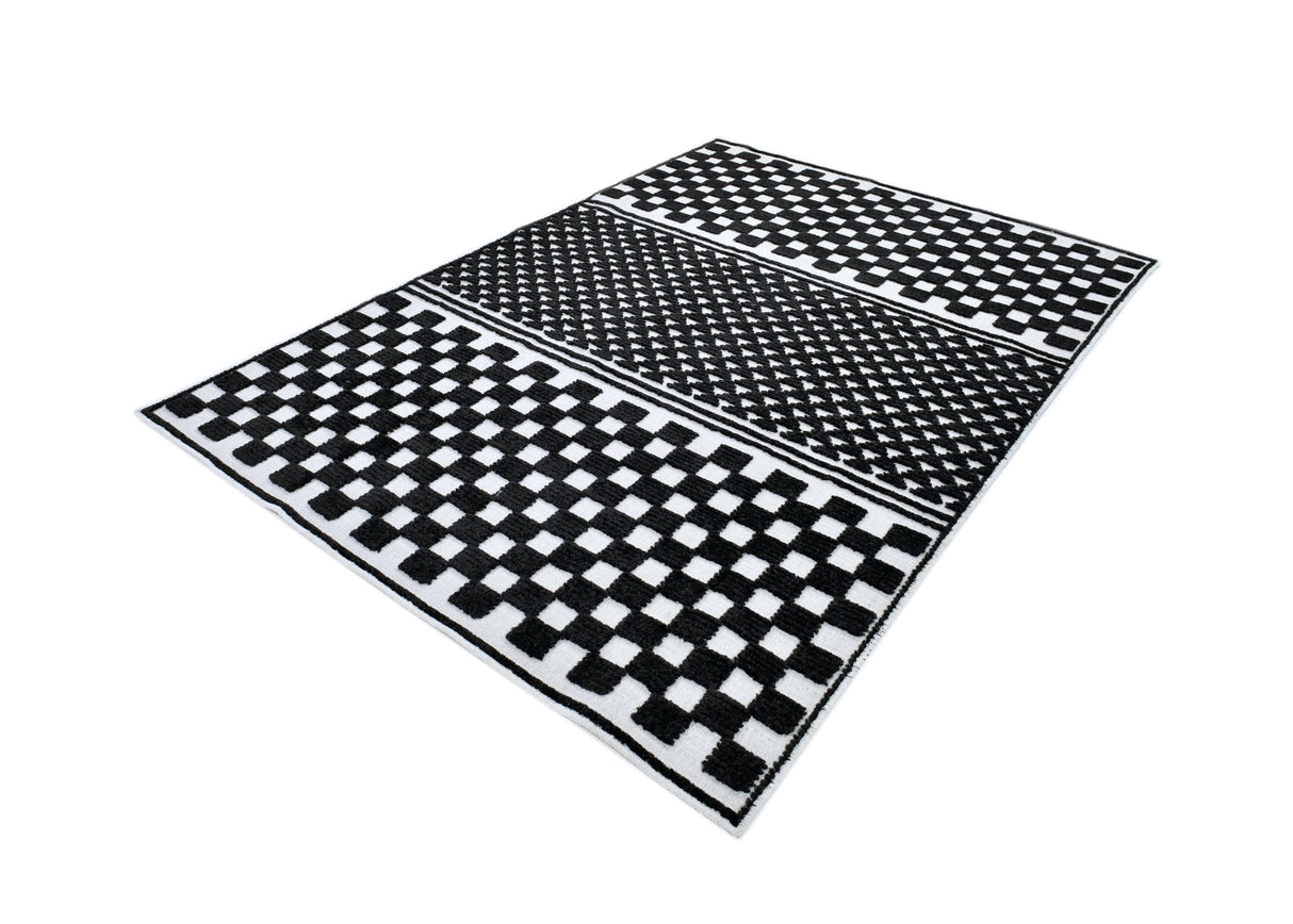 TIA 108 Microfiber Chenille Area Rug - Black Geometric Pattern, Raised High-Low Detail, Anthracite (3 Sizes)