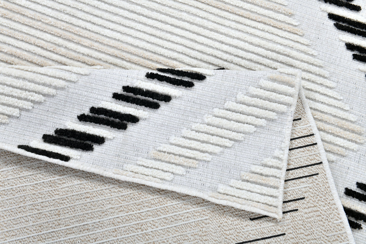 TIA 109 Microfiber Chenille Area Rug Fabric - Soft Cream, Black/Beige Bohemian Motif, High-Low Detail (1 Rug)