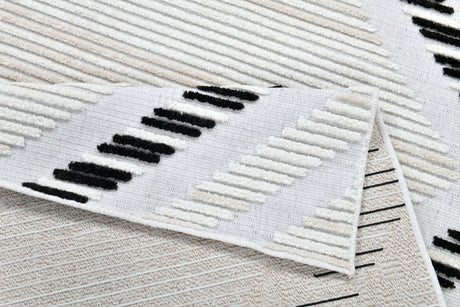 TIA 109 Microfiber Chenille Area Rug Fabric - Soft Cream, Black/Beige Bohemian Motif, High-Low Detail (1 Rug)