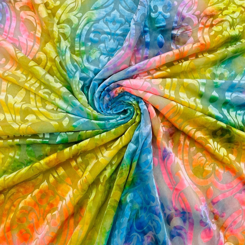 Tie Dye Damask Burnt Out Stretch Velvet Fabric - Tie Dye Damask, 58" Width (1 Yard)
