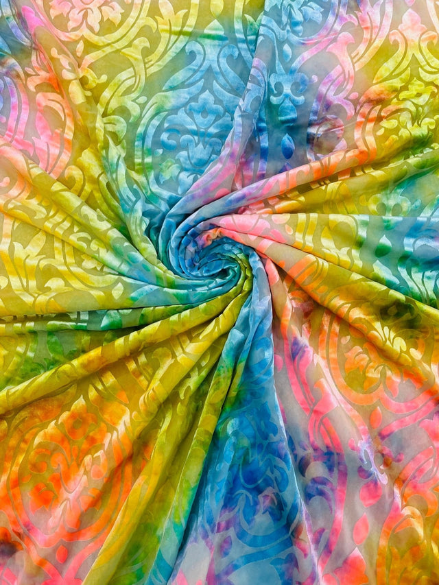 Tie Dye Damask Burnt Out Stretch Velvet Fabric - Tie Dye Damask, 58" Width (1 Yard)