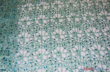 Open Weave Chain Chemical Lace Polyester Fabric - Sheer Metallic Open Work, Sequins Embellished, 50" Width, 10 Colors (1 Yard)