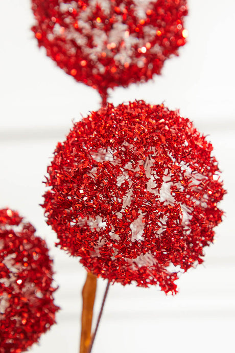 18 Inch Red Tinsel Ball Pick Decorative Christmas Spray