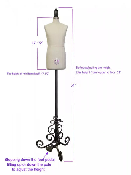 Half Scale Men Dress Form Pin-able Linen for Draping Practice - 17.5 in