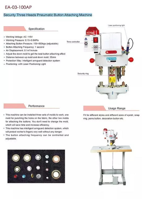 Pneumatic Grommet Press Machine Heavy-Duty 3-Head with Laser Pointer - 3 Die Set