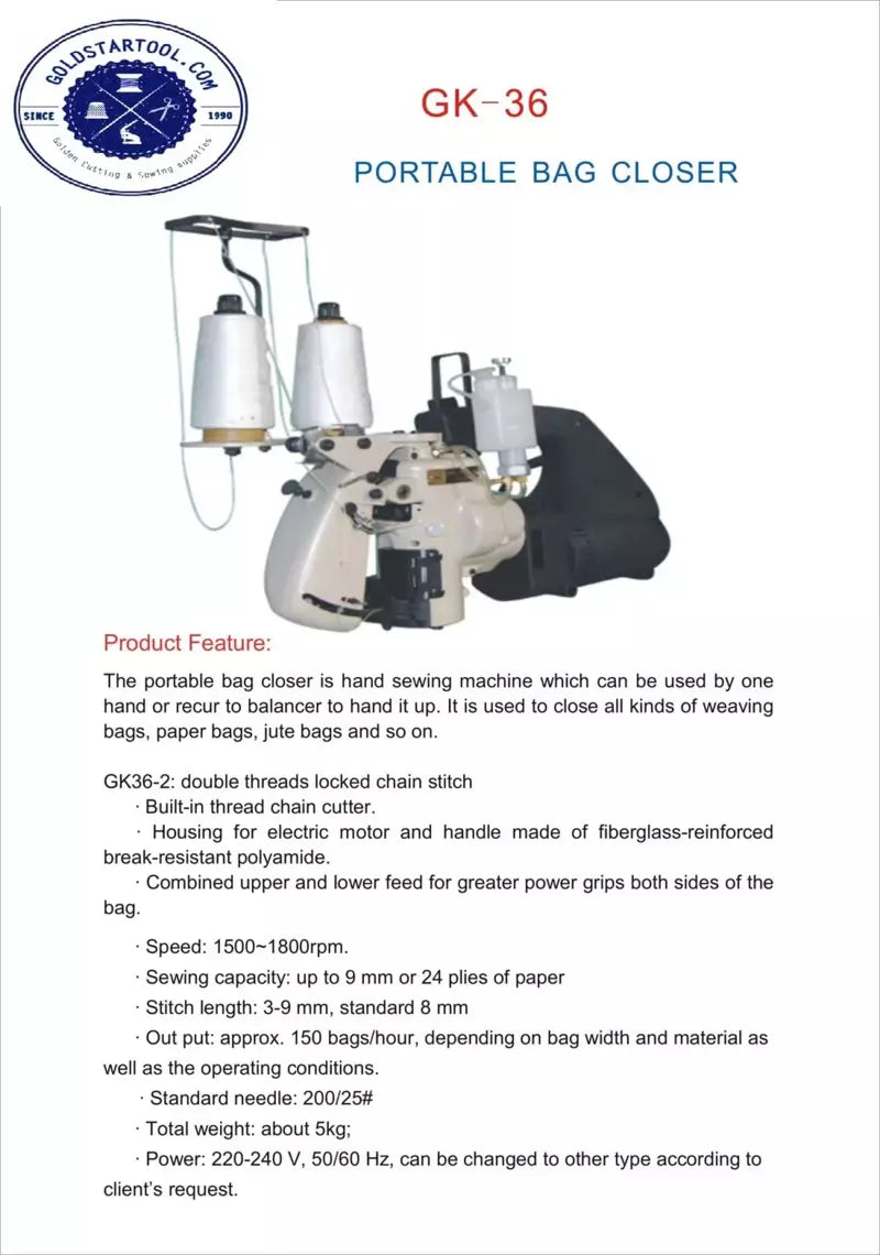 Portable Bag Closer Heavy-Duty Double Thread for Woven, Paper & Jute Bags - New-Tech GK-2006-2