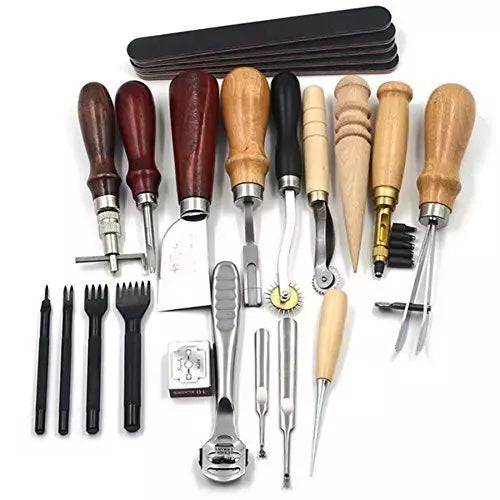 Leather Craft Punch Tools Kit Stainless Steel Heavy-Duty for Stitching and Carving - 18 Piece Set