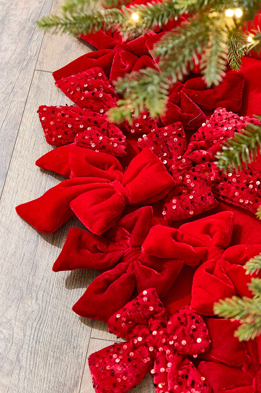 54" Red Velvet Sequin Bow Tree Skirt