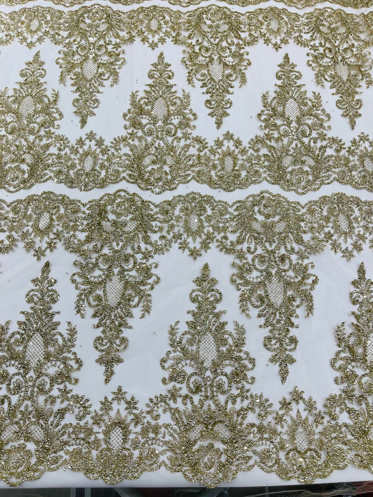 Trim Glitter Damask Design On A Mesh Lace 58" Wide - Polyester Glitter Lace Fabric - Gold, Damask Design, 58" Width (1 Yard)