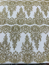Trim Glitter Damask Design On A Mesh Lace 58" Wide - Polyester Glitter Lace Fabric - Gold, Damask Design, 58" Width (1 Yard)